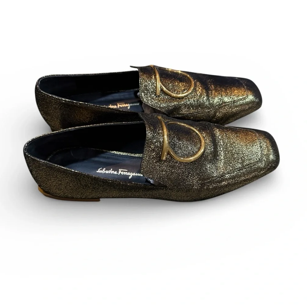 Ferragamo Gold Lana Loafers Gancini Square Toe 7.5B". - Picture 3 of 8